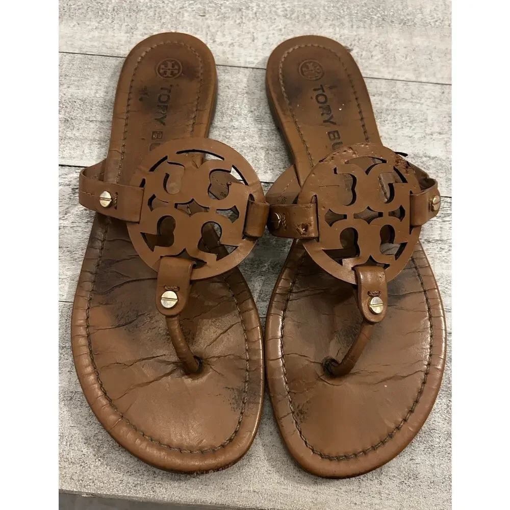 Tory Burch Miller Leather Logo Brown Sandals Thong Leather Sz 8